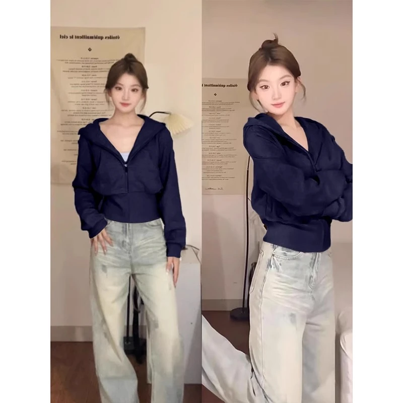 藏青色短款卫衣外套女2024新款爆款小个子收腰早秋季穿搭韩系上衣