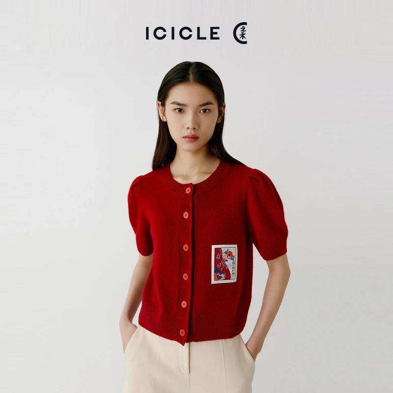 [退仓]ICICLE之禾女装春春季羊绒圆领时尚复古短袖开衫