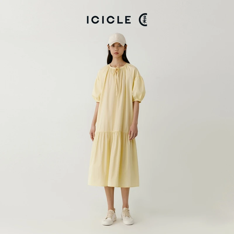 ICICLE之禾女装夏季轻柔棉平纹布休闲泡泡袖宽松连身裙