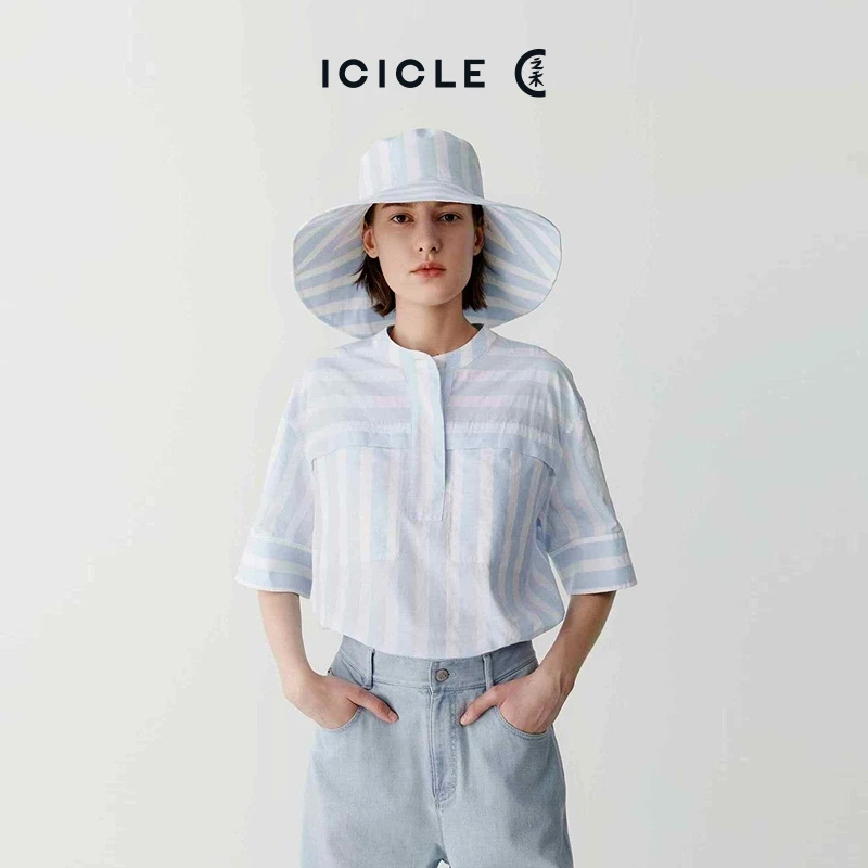 #欧若风ICICLE之禾女装夏季新款棉麻混纺色织短袖女士花式上衣