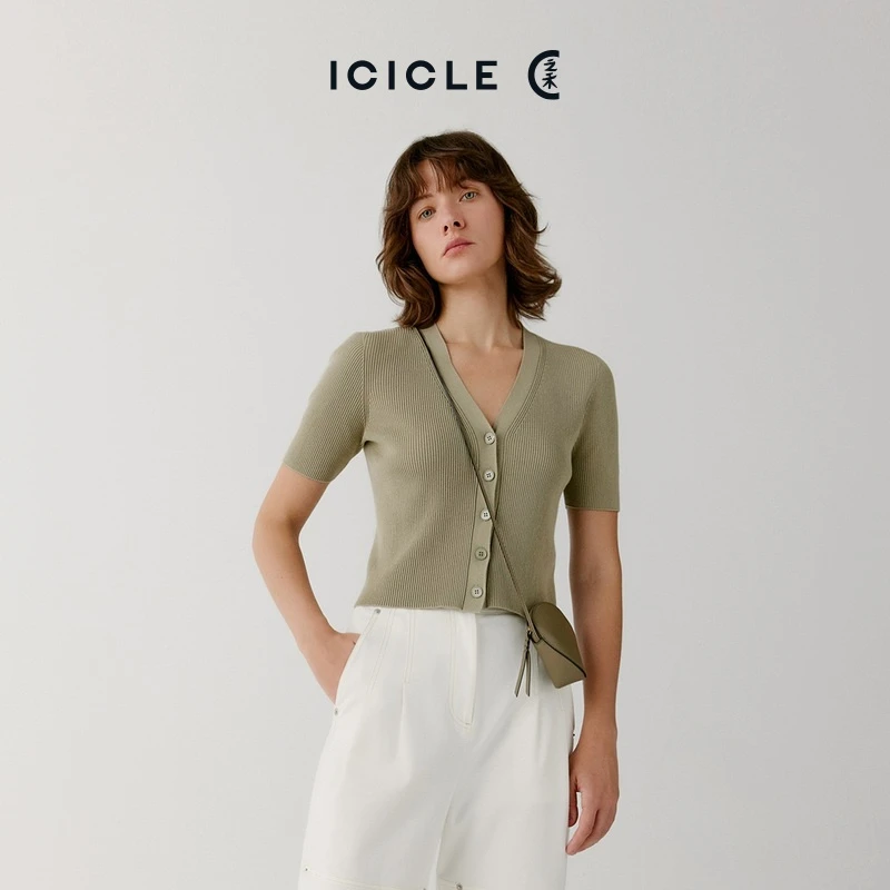 【亲肤针织】ICICLE之禾女装秋冬棉弹混纺短袖开衫针织衫