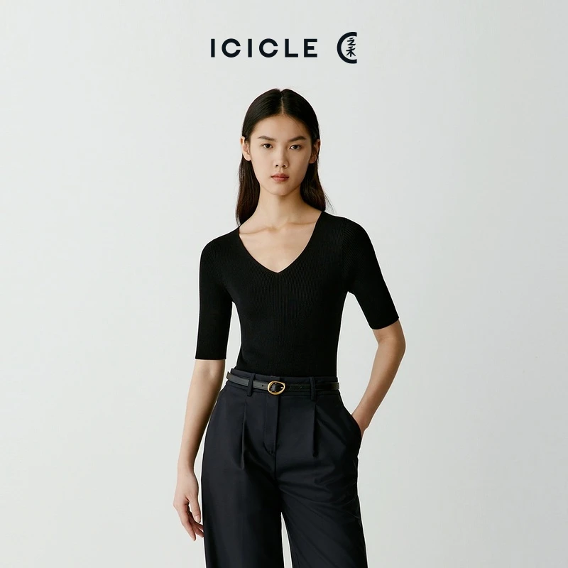 【之禾经典】ICICLE之禾女装长绒棉V领套头针织衫简约修身百搭2098