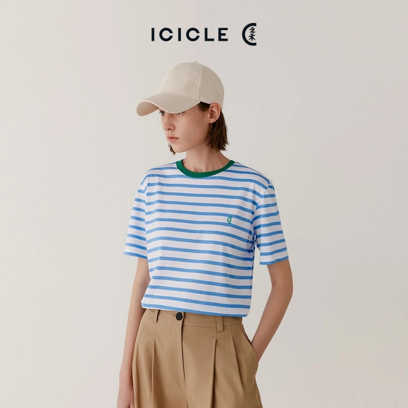 【售罄】ICICLE之禾女装夏季丝光棉合体圆领条纹通勤女士休闲T恤
