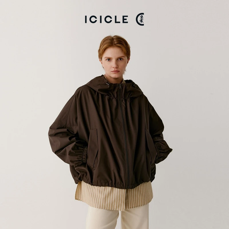 【露珠风衣】ICICLE之禾女装薄丝毛休闲纯色弹力斜纹短风衣外套