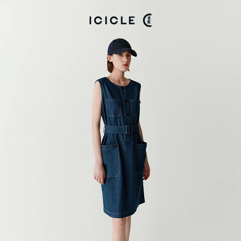【土壤牛仔】ICICLE之禾女装夏季新款轻薄棉弹牛仔及膝连衣裙