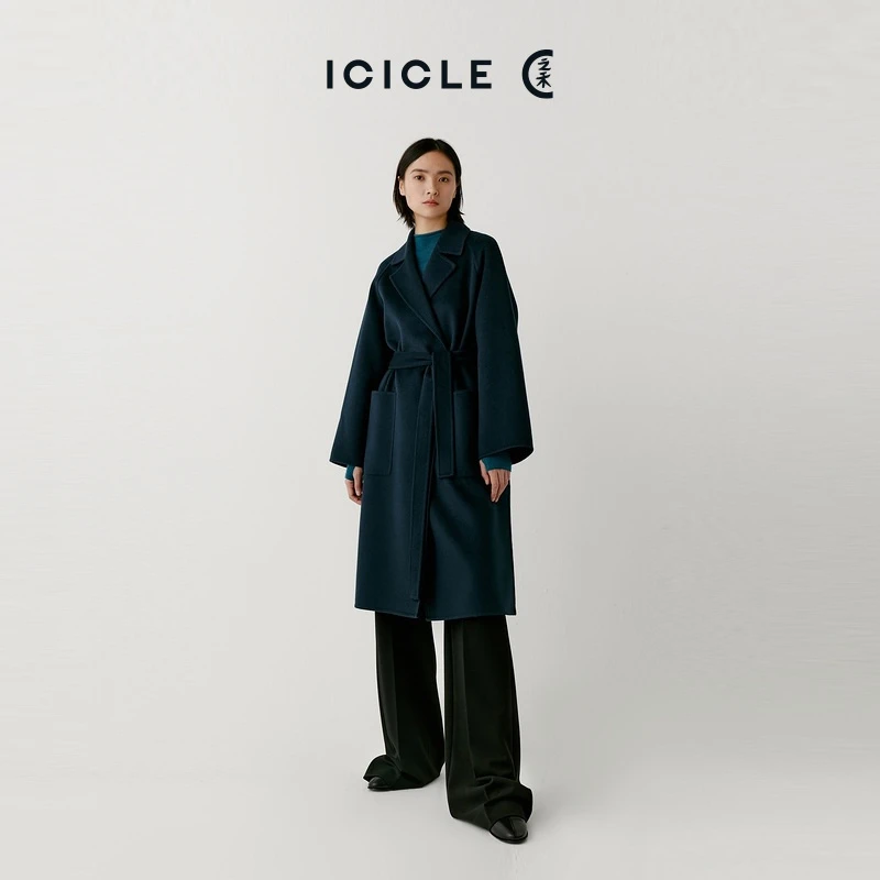 [退仓]ICICLE之禾女装秋冬绢丝羊毛腰带双面呢大衣外套