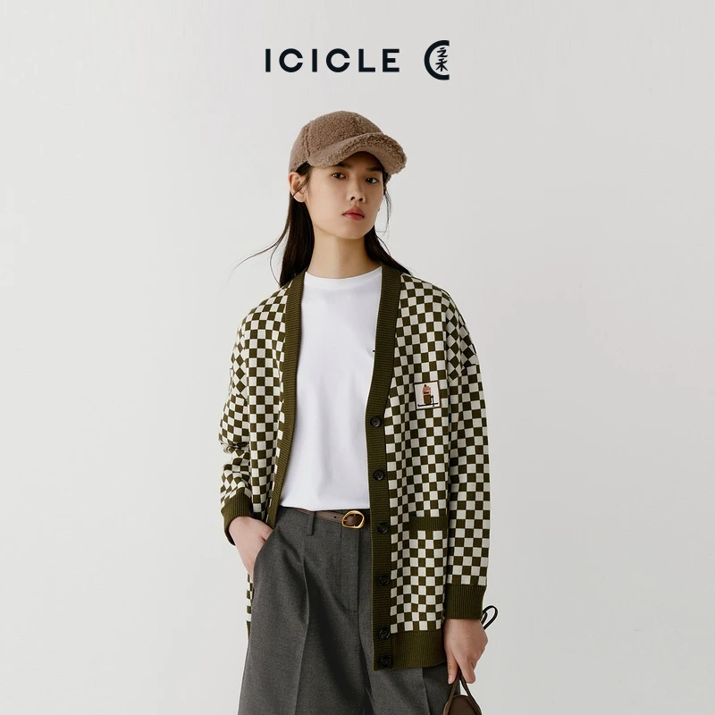 [退仓]【美丽诺羊毛】ICICLE之禾女装春季羊毛格纹格子长袖开衫毛衣