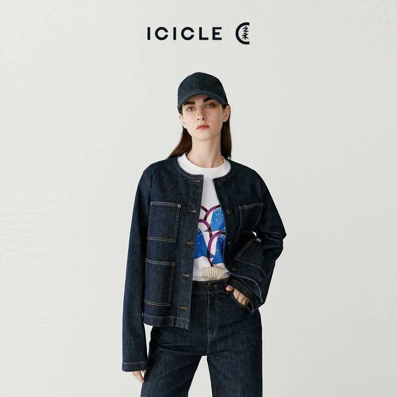 【土壤牛仔】ICICLE之禾女装秋冬棉弹红边牛仔布短外套