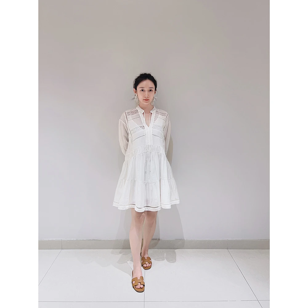 玉兰悠悠高级时装“摩纳哥假日”拼蕾丝短连衣裙 显瘦夏季收腰气质