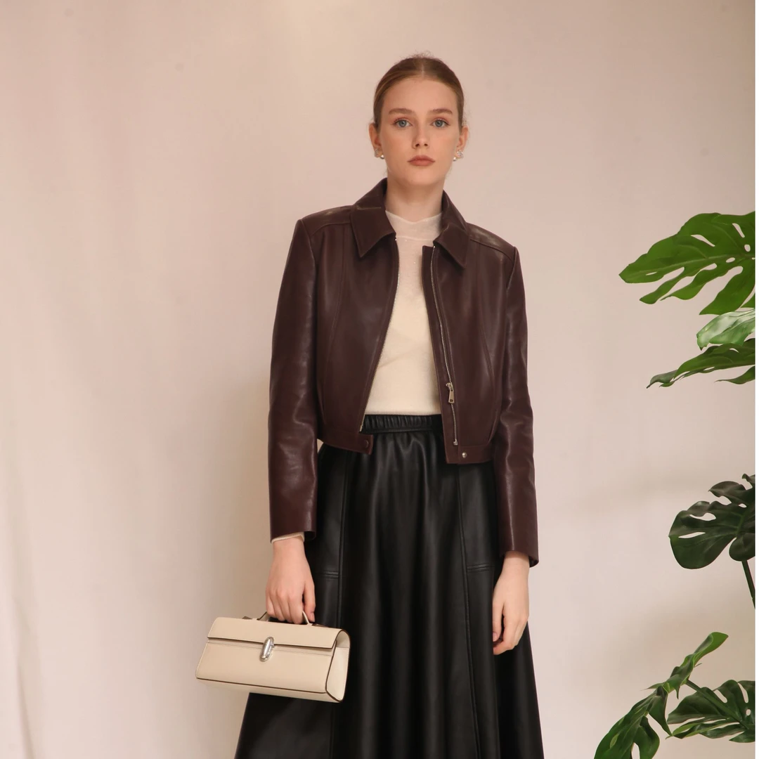 玉兰悠悠高级时装“审美艺术”棕色飞行夹克短款高级修身显瘦高级感