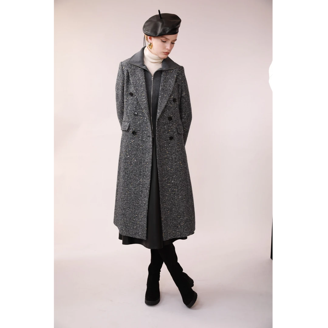 玉兰悠悠高级时装“女绅士”人字纹闪闪大衣宽松休闲气质百搭高级感