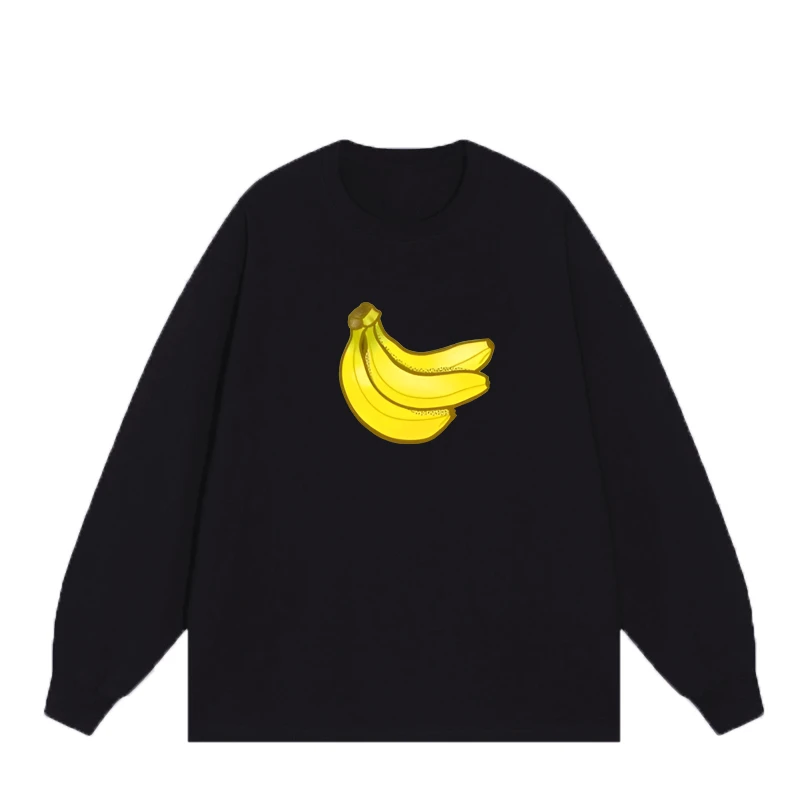 原创国潮新款水果香蕉印花圆领长袖T恤男大码宽松纯棉男女重磅潮
