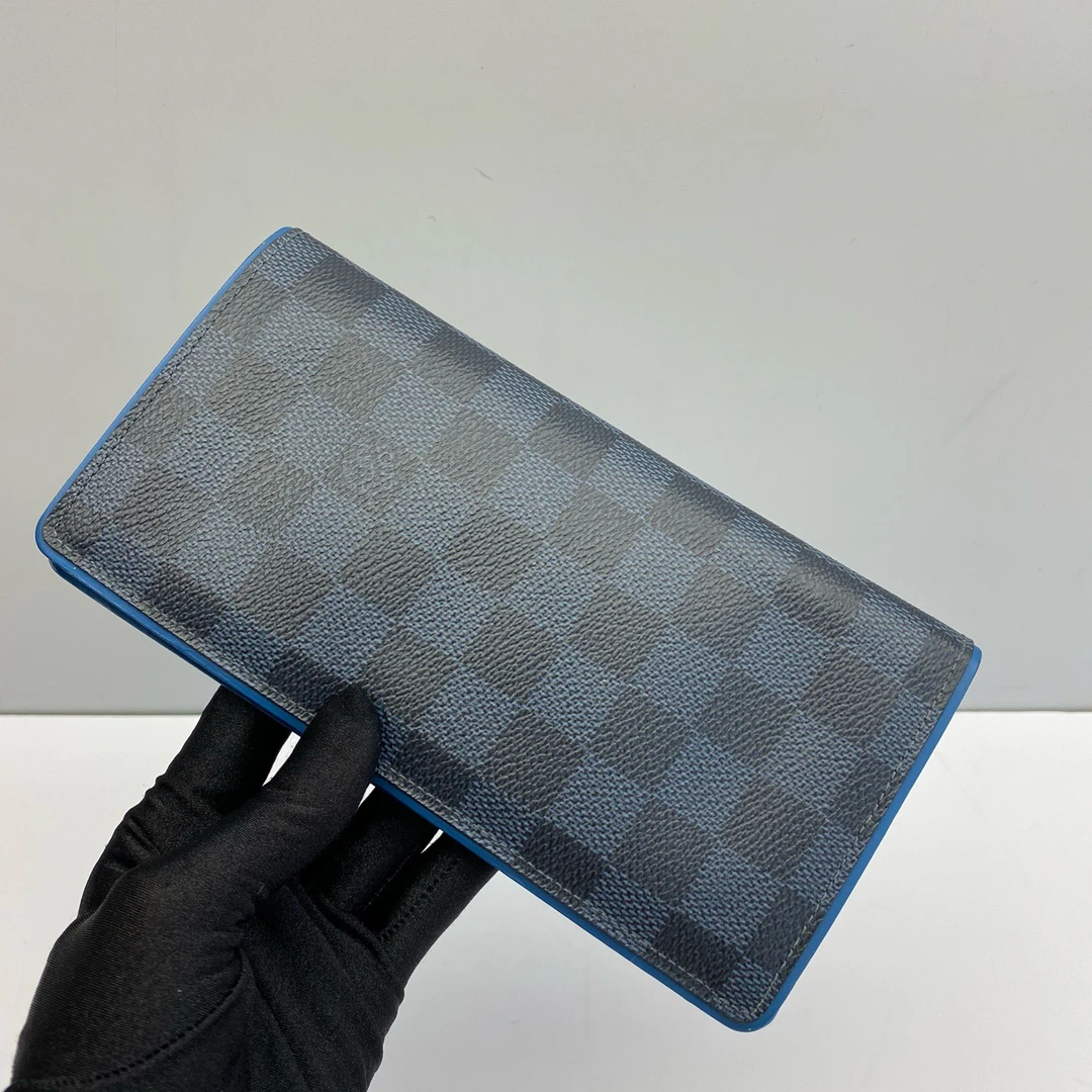 95新 LouisVuitton/路易威登 蓝色棋盘格8366拼皮对折钱夹