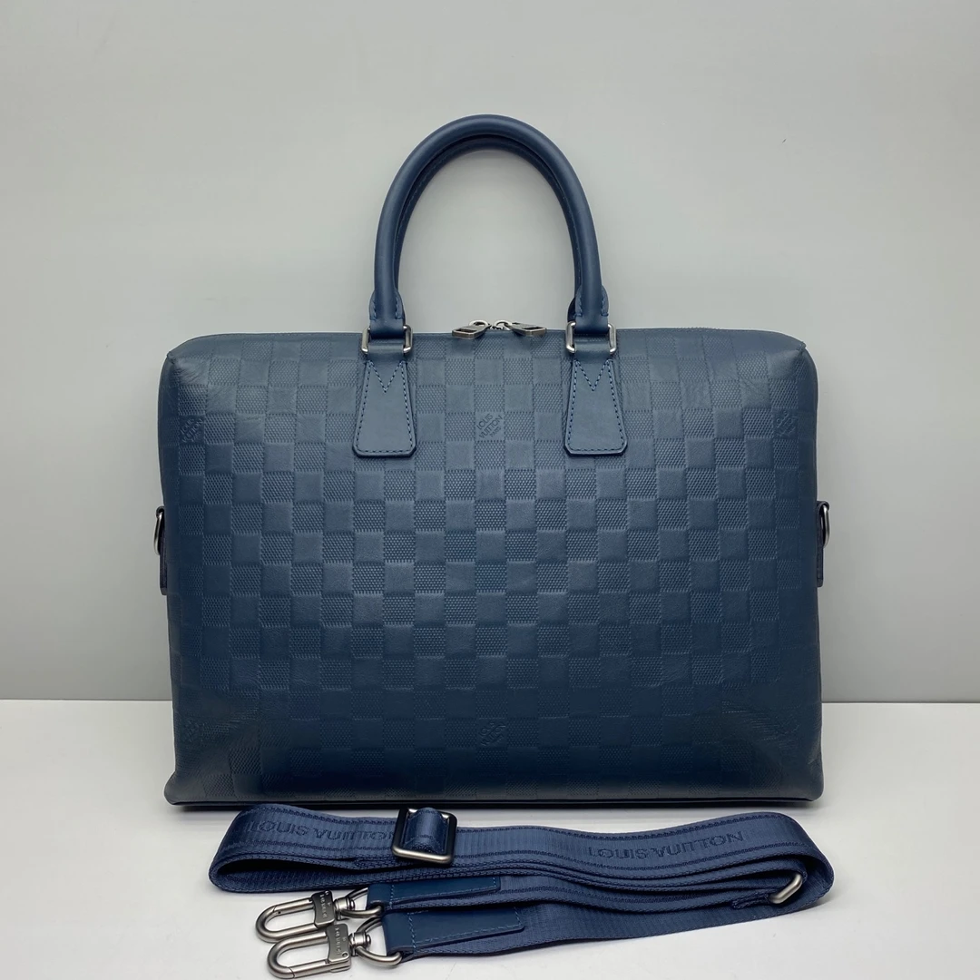 95新 LV 97新蓝色棋盘格压纹牛皮6661男士公文包手提包斜挎包 