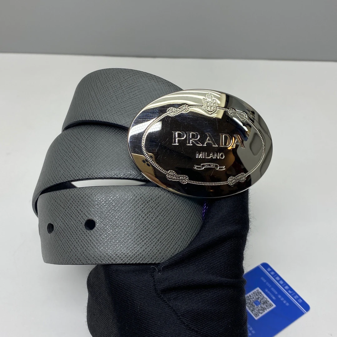 95新 Prada/普拉达 97新灰色牛皮1600双面皮带腰带90码宽3.4cm