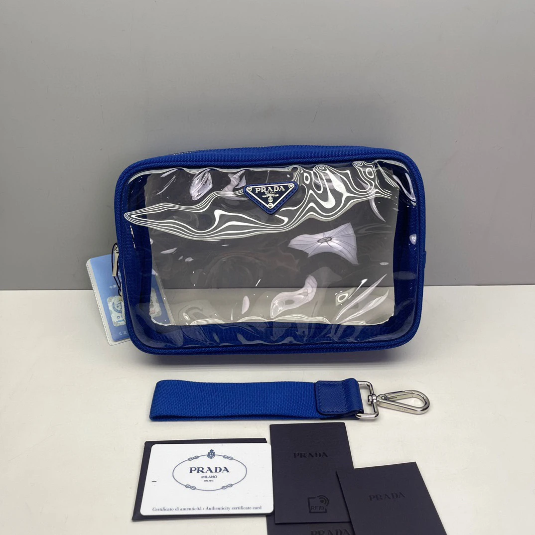 99新 Prada/普拉达 蓝色帆布洗漱包手拿包5122 提手可拆卸