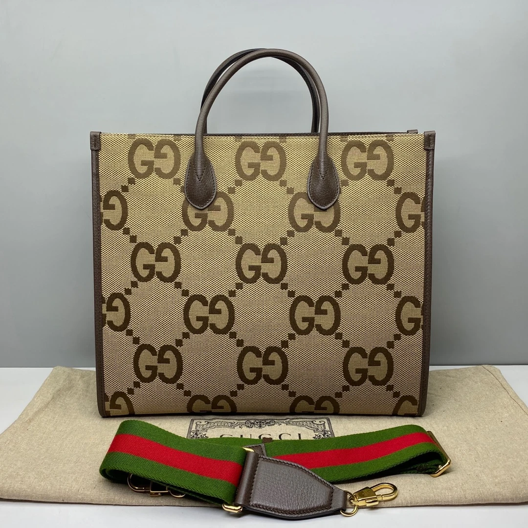 98新Gucci古驰6958乌木色帆布拼皮超级双G托特包手提