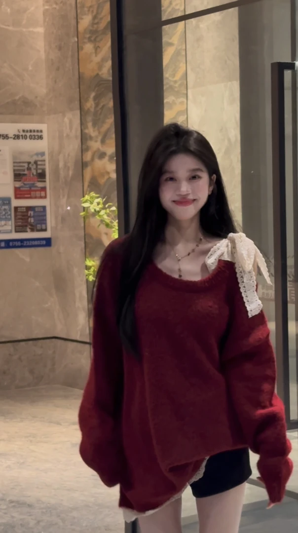 【喵喵】温柔风新款蕾丝蝴蝶结系带宽松针织毛衣女 153