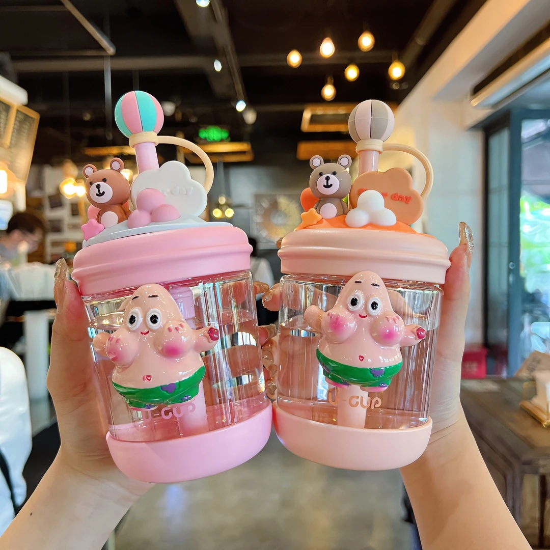派大星吸管杯女生夏季高颜值可爱小熊学生儿童便携奶瓶级冷萃杯