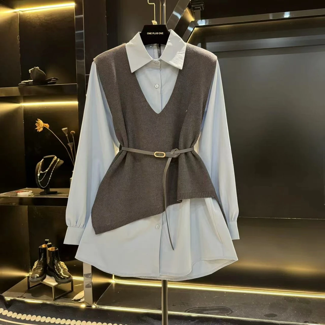 【1+1穿搭】秋冬季真两件套收腰皮带拼接马甲修身7706