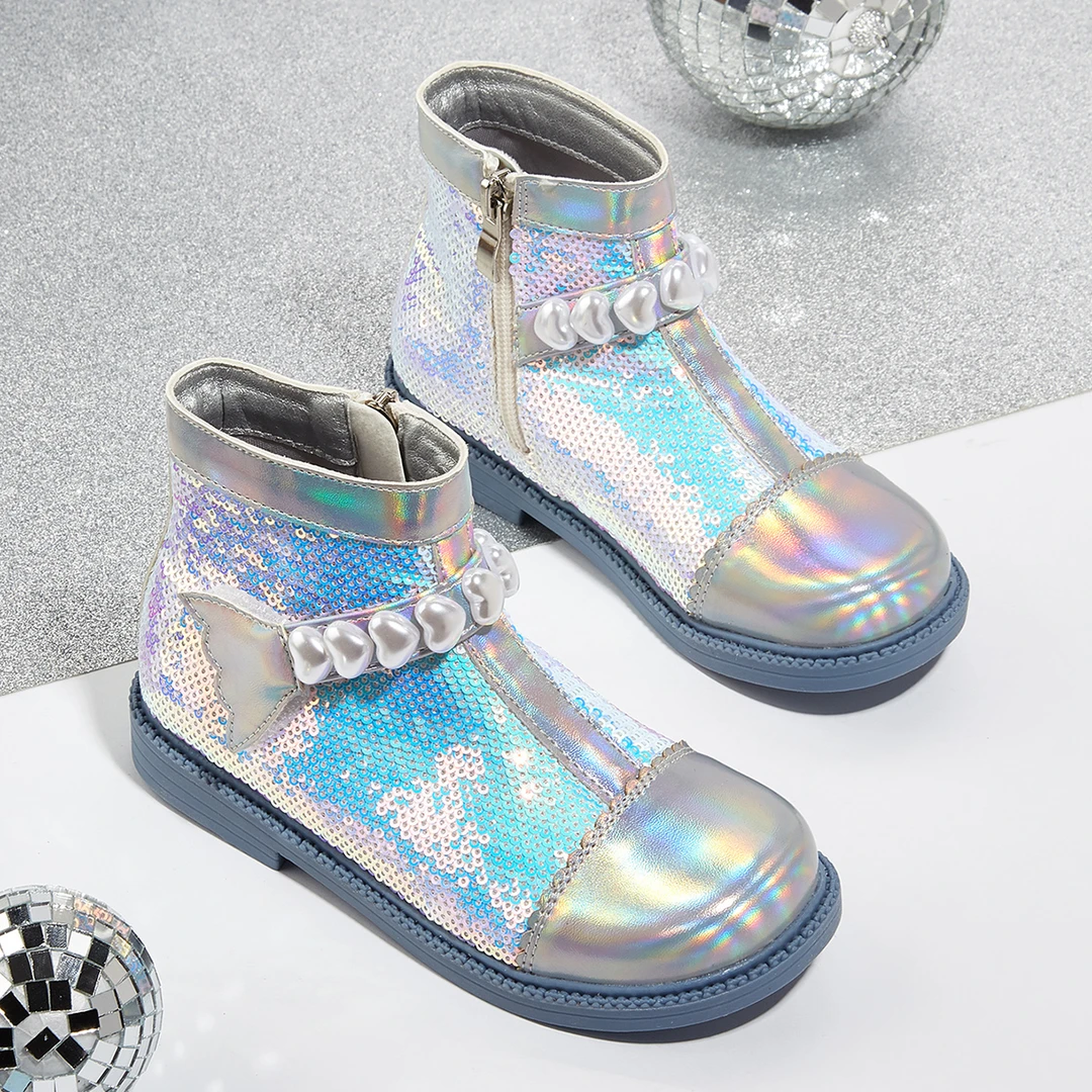 女童美人鱼公主鞋2025秋冬新款儿童水晶皮靴小女孩软底短靴