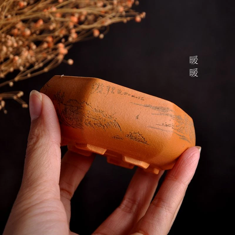 『窝口六方浅盆』 精品手工刻绘山水 沈小君款 原矿紫砂降坡泥