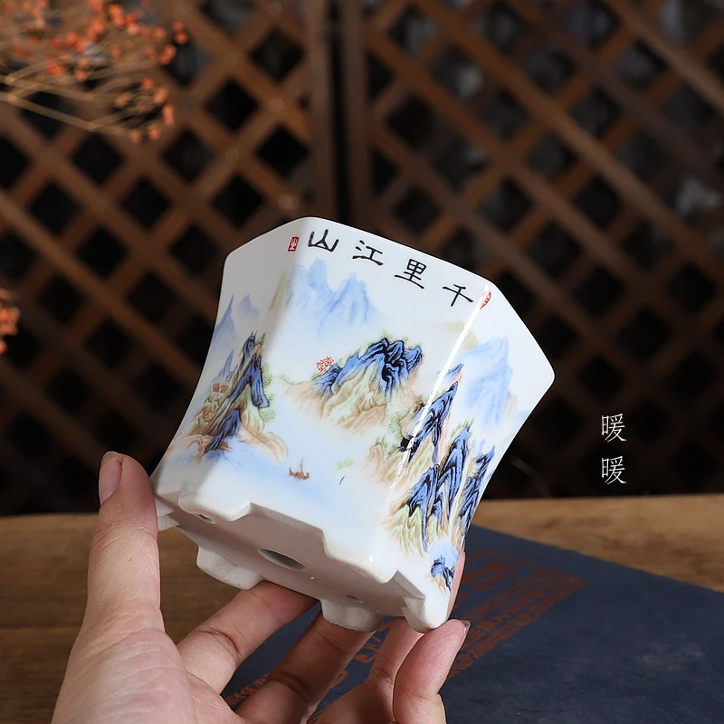 暖暖精品釉盆贴画系列K212#收腰六方多肉绿植卉微型盆景花盆菖蒲