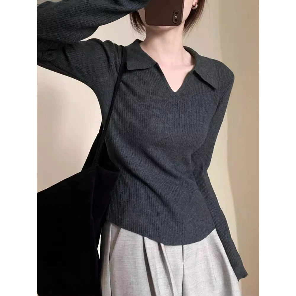 深灰色毛衣女秋冬款基础款修身显瘦软糯polo领内搭针织打底衫上衣
