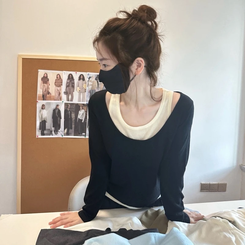 撞色拼接假两件长袖针织打底衫女秋季慵懒风宽松内搭软糯毛衣上衣