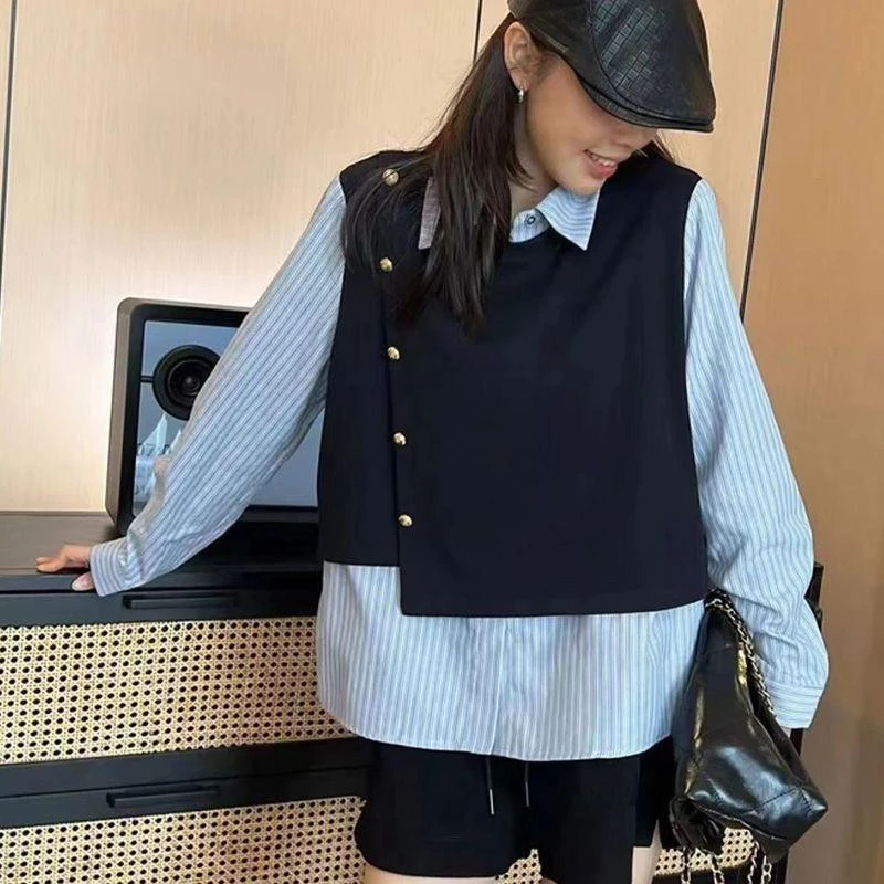 假两件竖条纹衬衫女春秋新款拼接衬衣设计感时尚百搭洋气减龄上衣