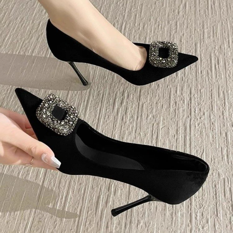 浅口高跟鞋小跟单鞋女黑色高跟鞋细跟百搭尖头水钻方扣百搭仙女风
