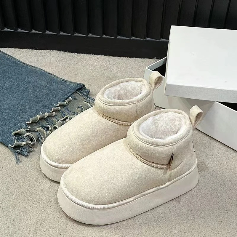 白色厚底雪地靴女冬季2024年新款加绒加厚短筒毛毛短筒棉靴面包鞋
