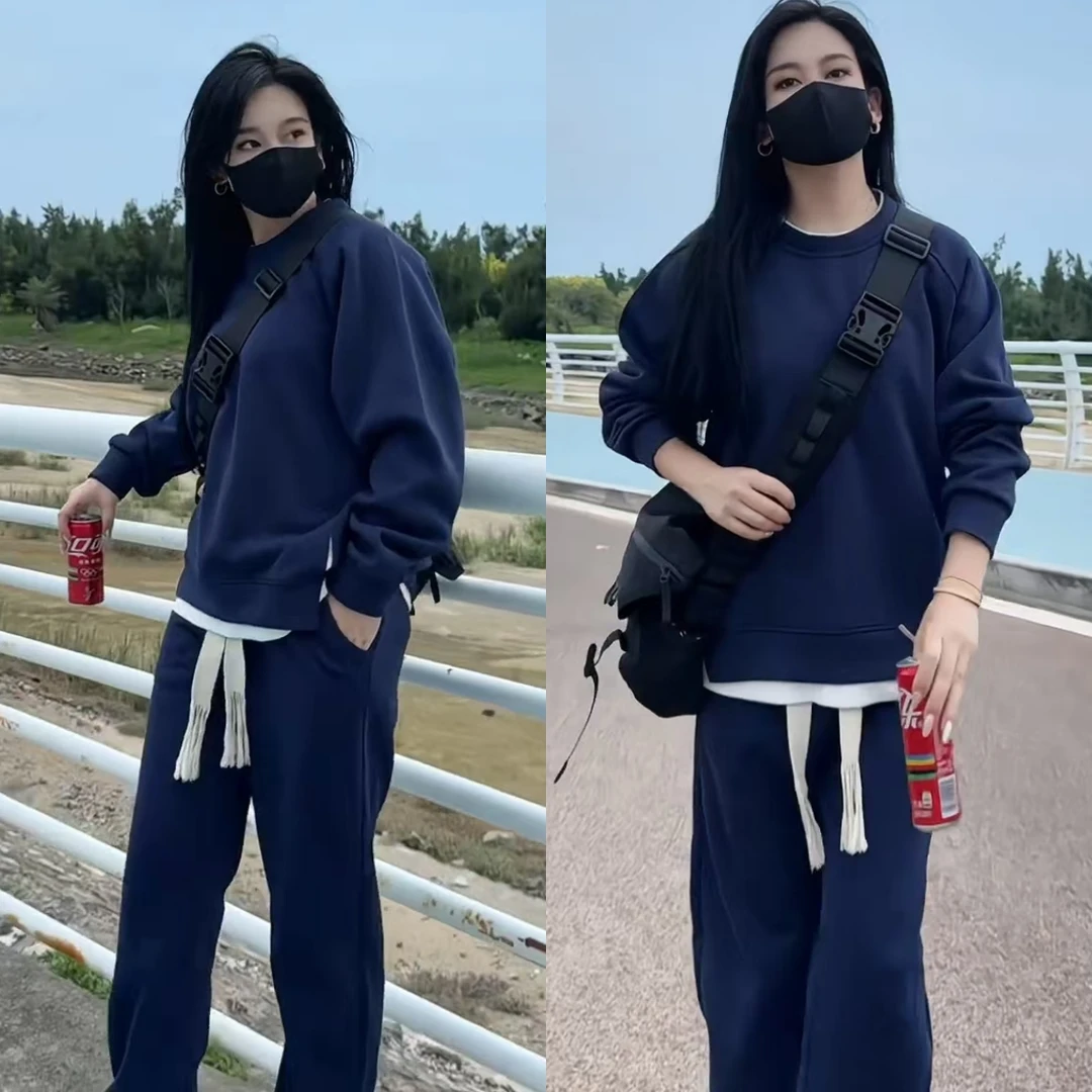 春秋季宽松运动套装情侣款纯色假两件圆领百搭蓝色束脚卫裤套装01
