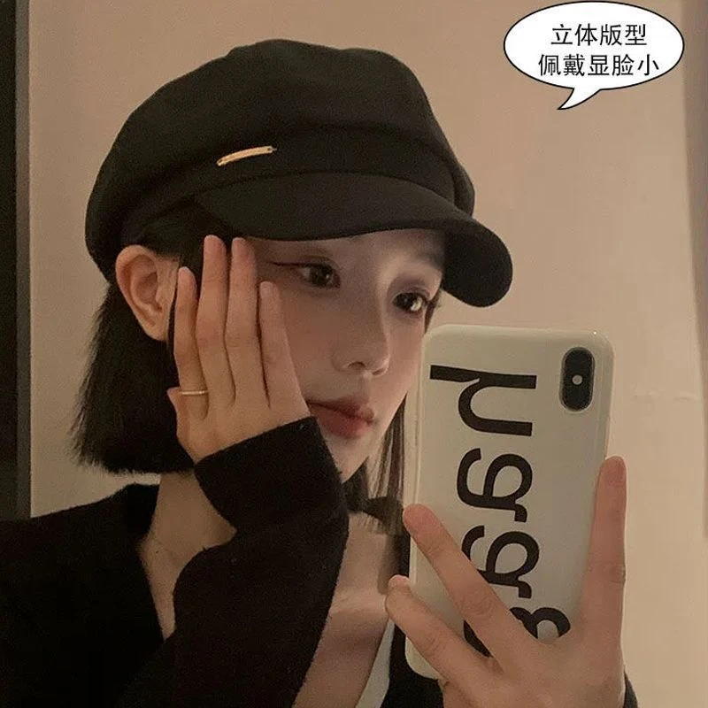 黑色贝雷帽春秋冬季网红百搭帽子女大头围显脸小八角画家时尚帽
