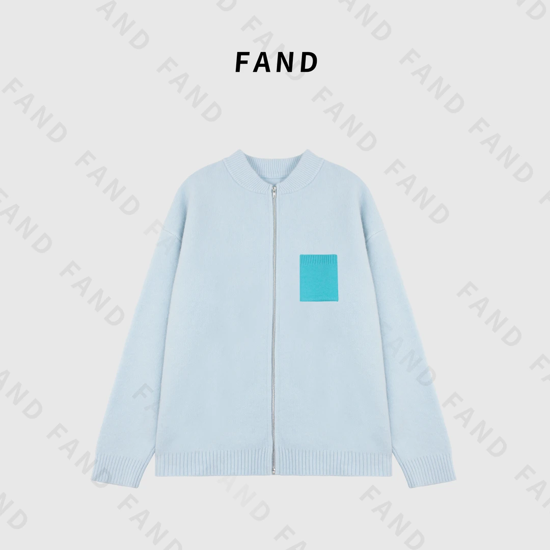 FAND品牌【小香蓝蓝】秋冬时尚拼色口袋圆领开衫外套毛衣