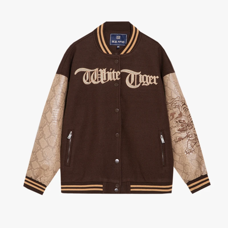 HUAXIAYINJI春秋季棒球服男国风刺绣拼接袖宽松潮牌青年夹克外套