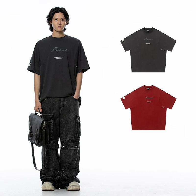 HUAXIAYINJISS松弛感潮牌发泡印花美式宽松休闲夏短袖男t恤