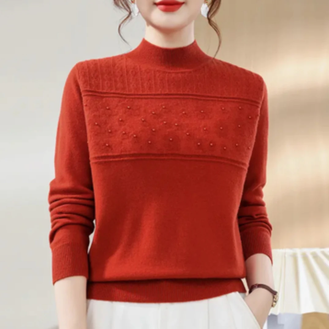39【红色钉珠打底衫】秋季新款蕾丝半高领针织打底衫