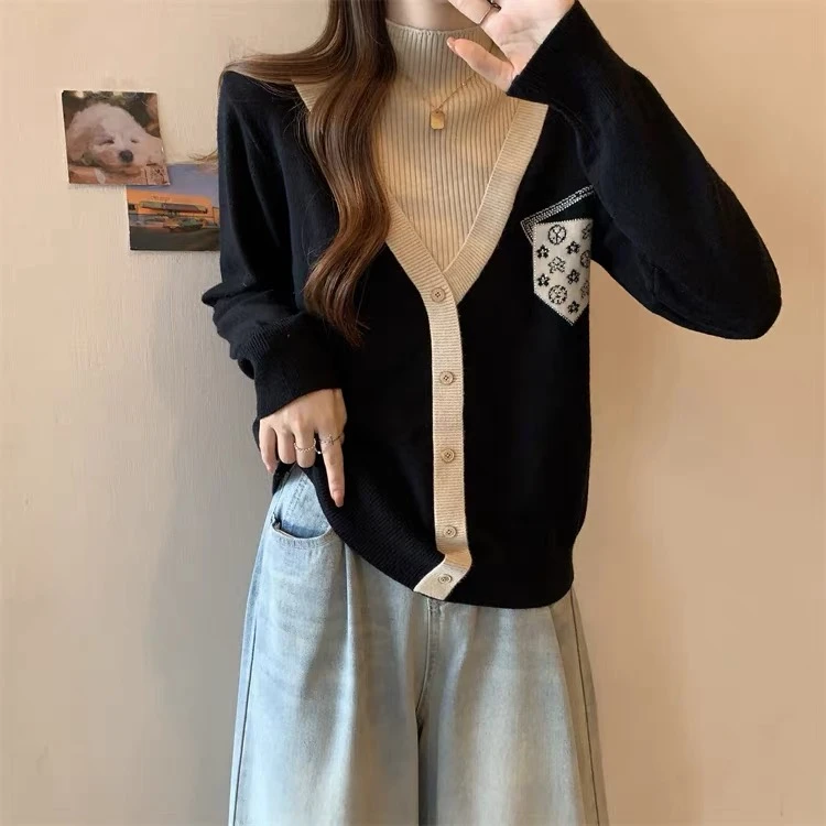 专柜【黑美人假两件】新款洋气时尚拼色假两件针织衫
