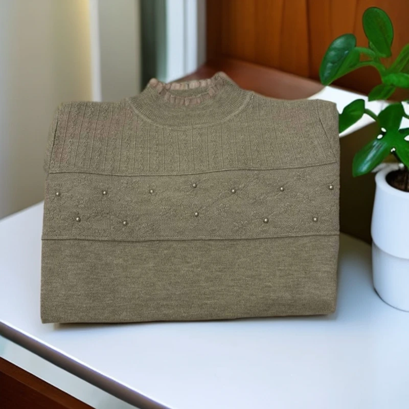 39（驼色钉珠打底衫】秋季新款蕾丝半高领针织打底衫