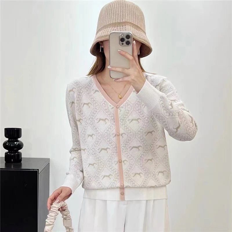 【粉色小马假开衫】秋款法式双面小马提花时尚气质针织衫长袖