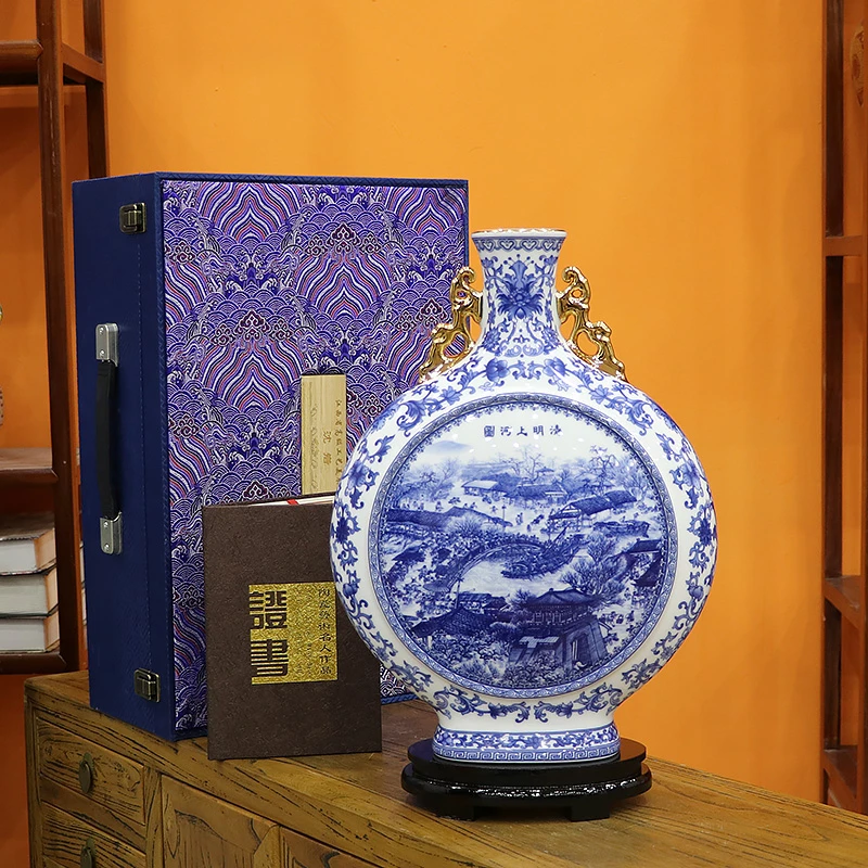 景德镇陶瓷客厅玄关电视柜博古架新中式摆件沈岩清明上河图抱月