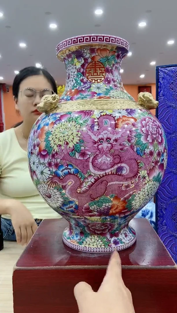 景德镇陶瓷花瓶客厅玄关新中式摆件金青霞万花三阳开泰福筒尊