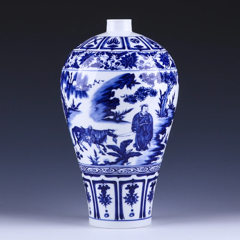 景德镇陶瓷花瓶客厅玄关博古架摆件高白泥青花萧何追韩信梅瓶