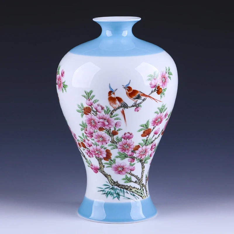 景德镇陶瓷客厅玄关博古架摆件水点桃花红鸟梅瓶