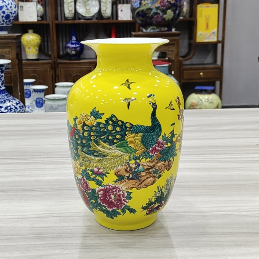 景德镇陶瓷花瓶客厅玄关电视柜中式摆件粉彩黄孔雀冬瓜瓶