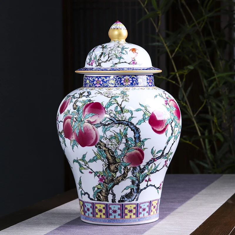 景德镇陶瓷器粉彩瓷客厅家居装饰摆件九桃图将军罐