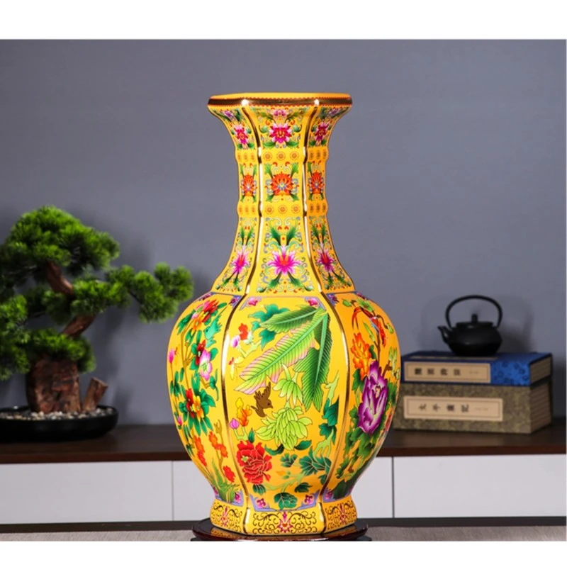 景德镇陶瓷花瓶客厅玄关家居摆件掐丝珐琅彩帝王黄六方器