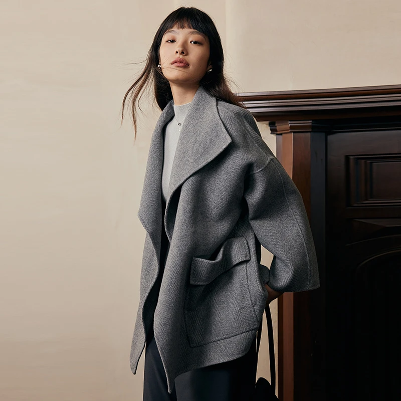inandon双面呢大衣女2024秋冬新款宽松中长款毛呢外套21610