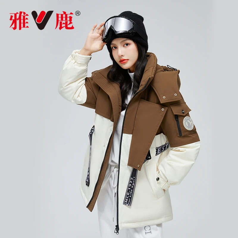 雅鹿V工装羽绒服女中长款2022新款大鹅绒冬季派克服时尚加厚外套